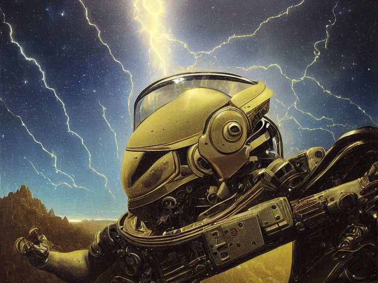 Image similar to a detailed profile oil painting of a lone shock trooper in a spacesuit with reflective helmet, technology flight suit, bounty hunter portrait symmetrical and science fiction theme with lightning, aurora lighting clouds and stars by beksinski carl spitzweg and tuomas korpi. baroque elements, full-length view. baroque element. intricate artwork by caravaggio. Trending on artstation. 8k