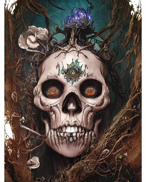 Image similar to perfectly centered portrait front view of a angry dead rotten beautiful female skull growing ornamentation all around, ornate, detailed, symmetrical, elegant, beautifully soft lit, by wayne barlowe, peter mohrbacher, kelly mckernan