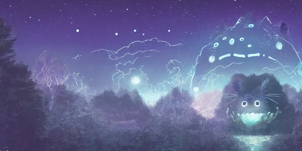 Image similar to glowing wireframe totoro, forest god of princess mononoke, mountain landscape, night sky, digital art, digital painting, celestial, majestic, colorful