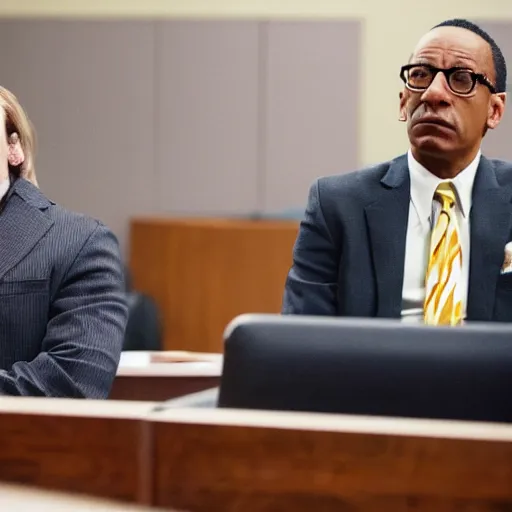 Image similar to saul goodman and gus fring sitting in a courtroom