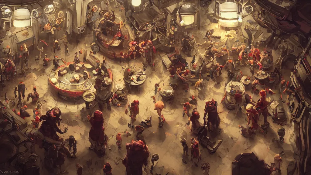 Prompt: a bar located in a bustling space station, blood on the floor and people rushing down the hallways, a red alert blares, a clown is in the center of the bar causing trouble, fantasy, marc simonetti, anato finnstark, randy vargas, diego gisbert llorens, bayard wu, fantasy concept art, trending on artstation, 4k,