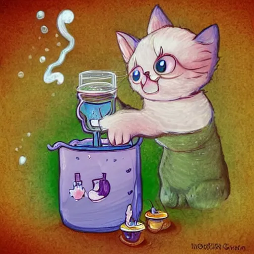 Prompt: a happy cute cat-fairy brewing a magic potion