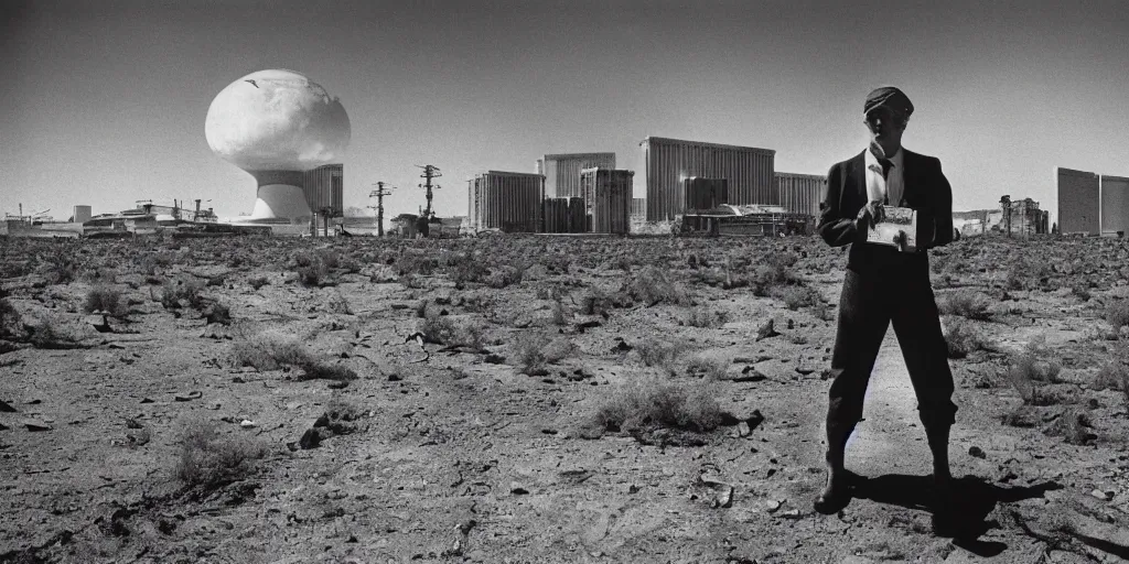 Prompt: portrait of irradiated post apocalyptic nuclear wasteland 1950s future las vegas strip black and white award winning photo highly detailed Arriflex 35 II, lighting by stanley kubrick