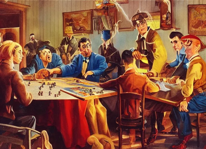 Prompt: a group of people playing a board game with the devil, an ultrafine detailed painting by john philip falter, shutterstock, american scene painting, movie still, american propaganda, storybook illustration