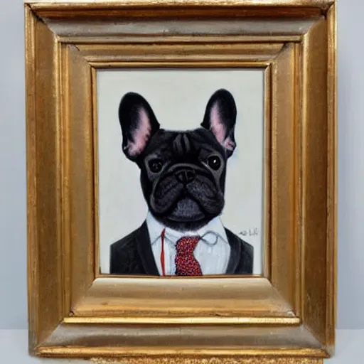 Image similar to oil painting of a french bulldog wearing businessman attire