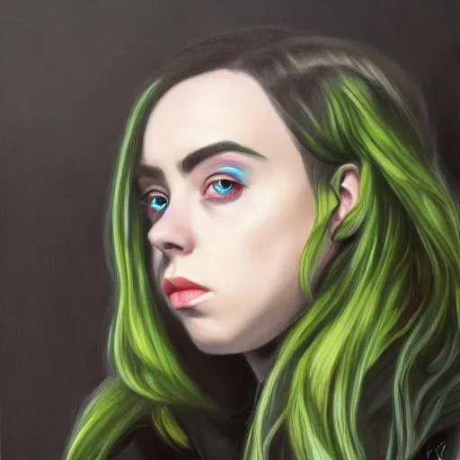 Image similar to Billie Eilish as female loki, oil on canvas, noir, trending on artstation, by Ian Sprigger