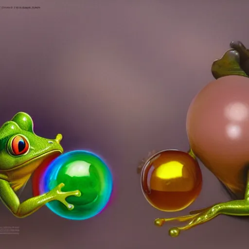 Image similar to long shot of a very cute frog playing with a rainbow glas balls, concept art, by esao andrews, by m. w. kaluta, volumetric light, surrealism, rich colors, very humorous!!! oil painting, realistic reflections, smooth, depth perception, high depth of field, 4 k, unreal engine 5, ultradetailed, hyperrealistic, artstation