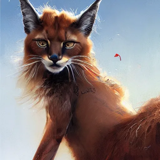 Image similar to young brigitte bardot rides a fluffy caracal in paris, hyperrealistic, detailed, art by greg rutkowski