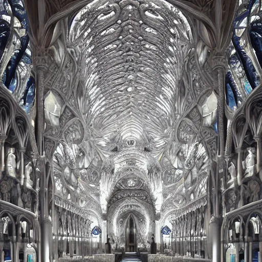 Image similar to a hyperrealistic cgi render of a delicate ivory sculpture of an ornate detailed cathedral populated by mandelbrot fractals by android jones, micro detail, unreal engine, volumetric lighting, dramatic lighting, psychedelic, octane renderer, catholicpunk, glowing, white color scheme, photorealistic, physically based rendering, angelic, colorful, carved soap, trending on cgsociety