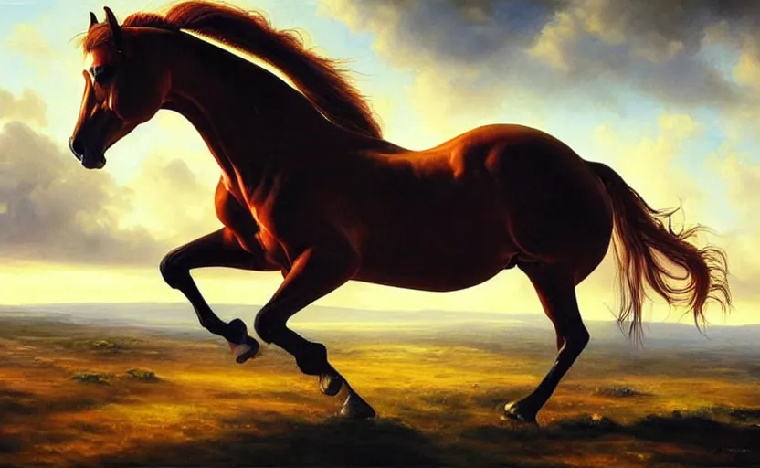 Prompt: a masterpiece oil painting of a single and proud horse. wide angle, fantasy art, alex ross, heroic lighting, very very very beautiful raytraced rendering