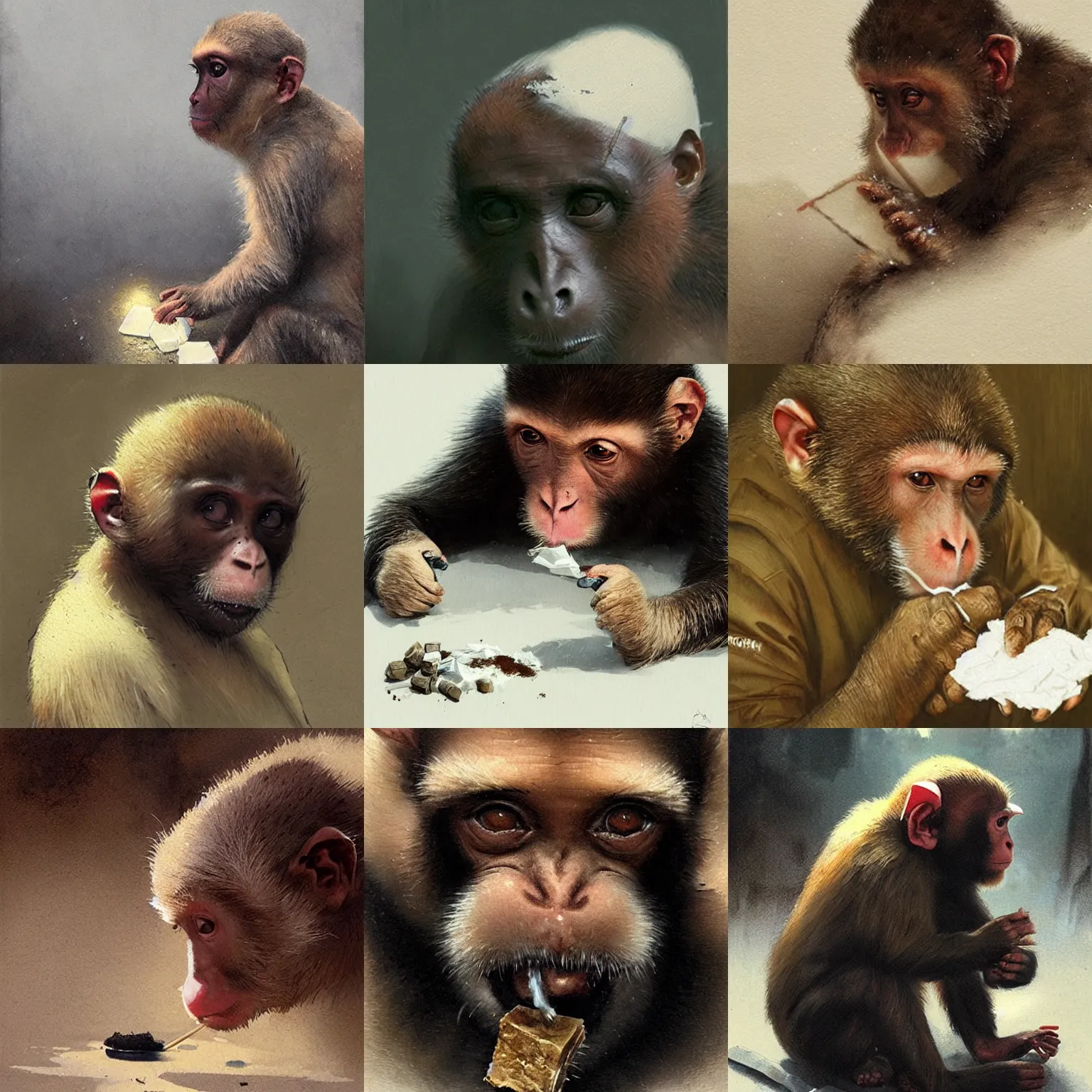 Prompt: a capuchin snorting a line of cocaine, ultra realistic, art by greg rutkowski