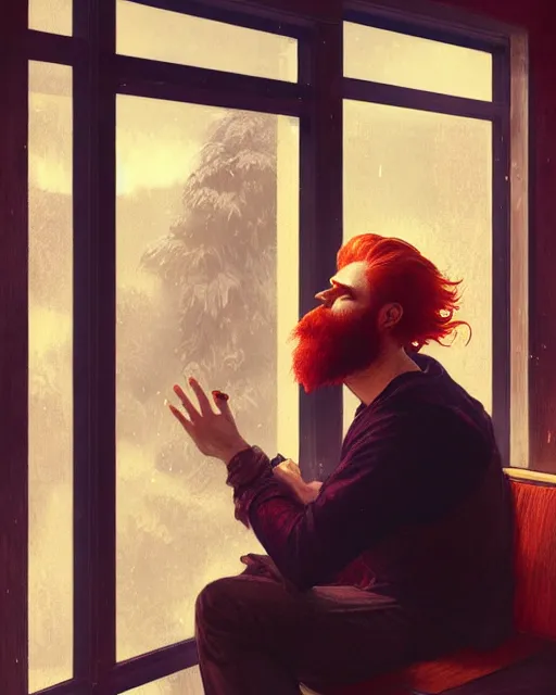 Image similar to attractive red - headed bearded man looking out the window sadly, highly detailed, digital painting, artstation, concept art, smooth, sharp focus, illustration, art by artgerm and greg rutkowski and alphonse mucha