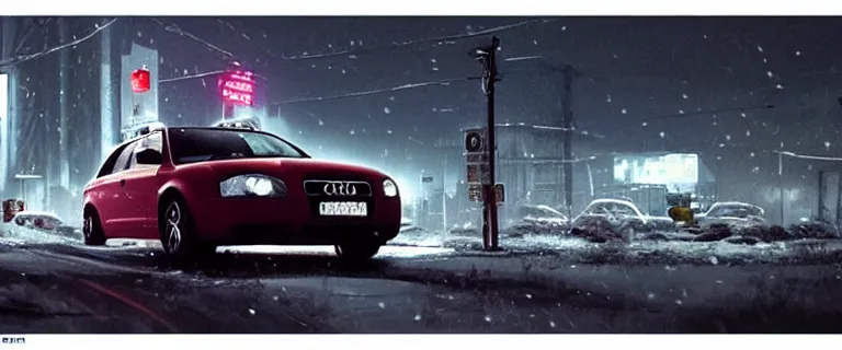 Image similar to Audi A4 B6 Avant (2002), a gritty neo-noir, dramatic bright lighting, cinematic, establishing shot, extremely high detail, photorealistic, cinematic lighting, artstation, by simon stalenhag, Max Payne (PC) (2001) winter new york at night