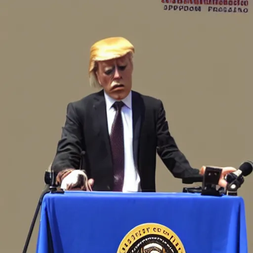 Image similar to string marionette president in a podium giving a press conference