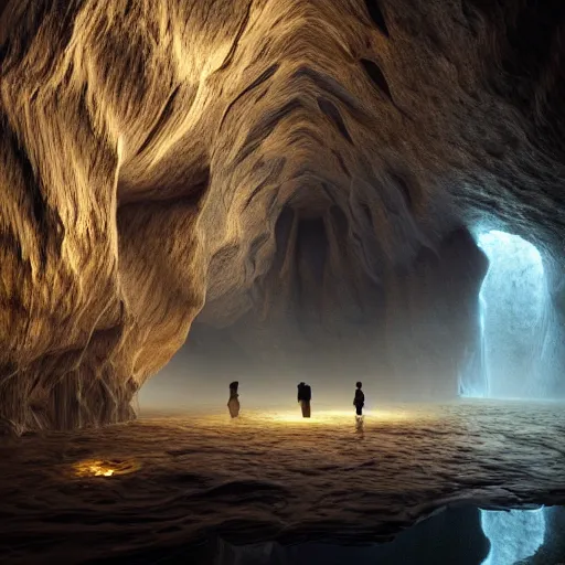 Image similar to travellers,beyond time ,the cathedrals in a underground vast cave canyon grotto, of life the beginning , geological strata,ground mist, falling water,deep clear pools of water,reflection,refraction, hyper-maximalist,micro details, 3d sculpture,,digital rendering,octane render , 4k, artstation, concept art ,amazing lighting, f42,deep depth of field,photographic, wide angle,cinematic lighting