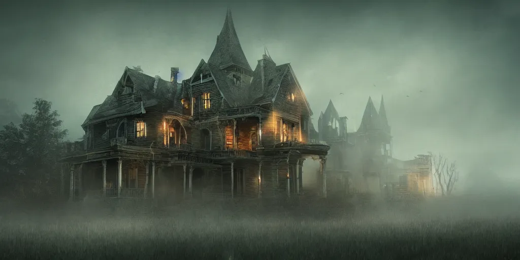 Image similar to creepy view of haunted house with many attractions, fog, rain, volumetric lighting, beautiful, golden hour, sharp focus, highly detailed, cgsociety