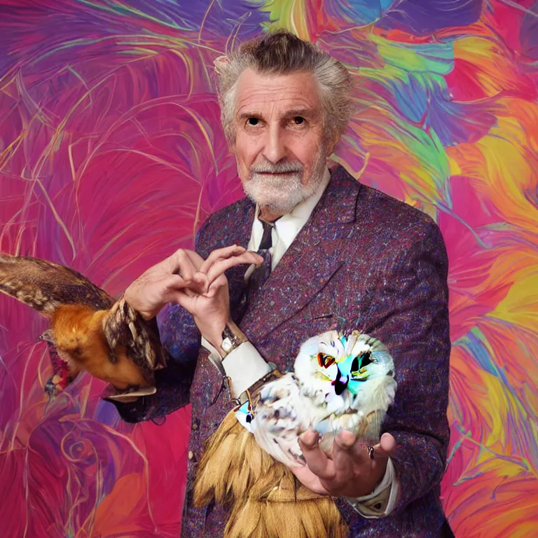 Prompt: high fashion photoshoot octane render portrait by wayne barlow and carlo crivelli and glenn fabry, a distinguished old funk musician wearing a colorful wes anderson designed uniform and holding a barn owl inside a high - end exotic colorful pastel vintage boutique hotel lounge, very short depth of field, bokeh