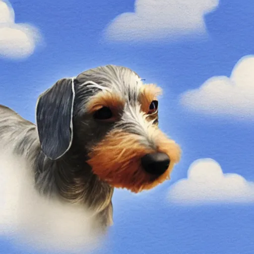 Image similar to an elderly, grey wire-haired dachshund floating in heaven, blue sky, surrounded by beautiful white clouds, with a halo