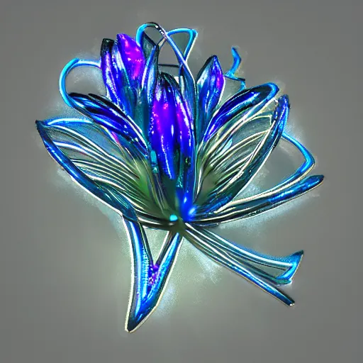 Prompt: a metallic iris flower, cybernetic, shiny, glowing