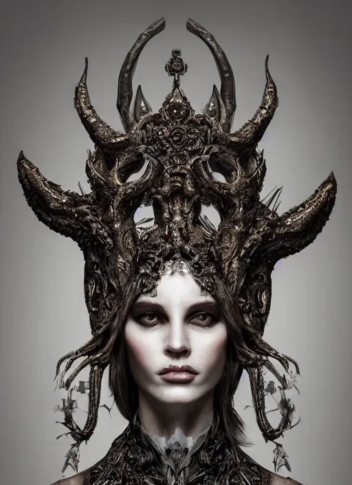 Image similar to a portrait of female by stefan geselle and nekro borja, photorealistic, intricate details, hyper realistic, fantasy, elegant, baroque, horn, ram skull headpiece, photorealistic, photography, symmetrical features, symmetrical pose, wide angle shot, feet on the ground, wearable art, unreal engine