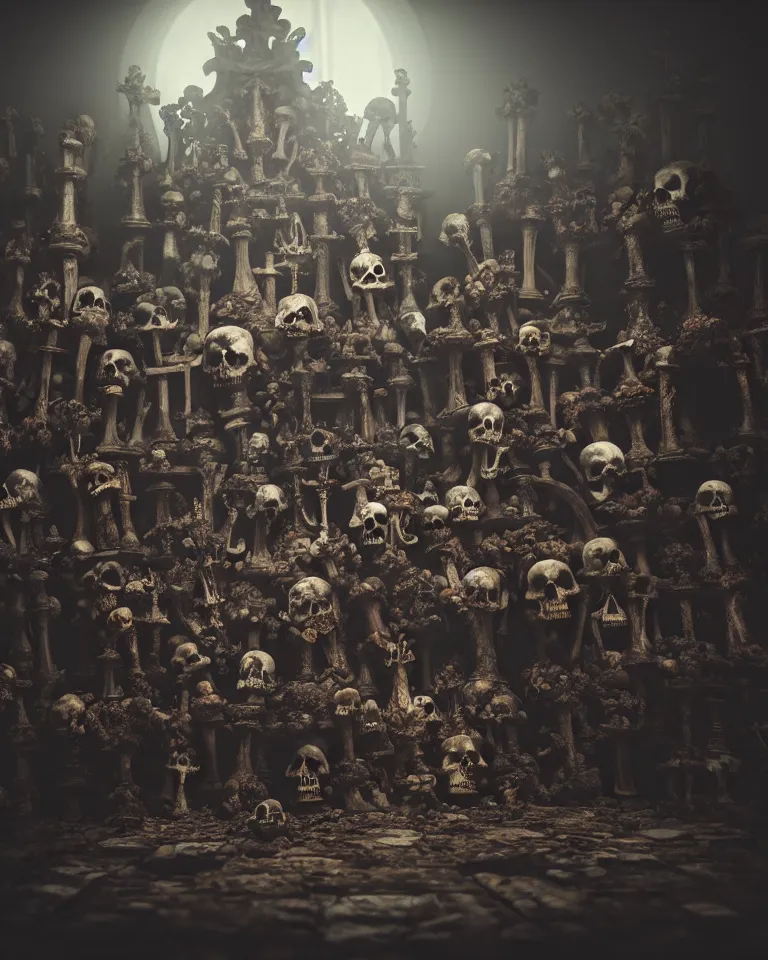 Image similar to full color, low wide shot of sedlec ossuary, bones, anime style mixed with fujifilm, dark, foggy, atmospheric, artstation, cgsociety, octane render, cgi, unreal engine 5, denoise, detailed, cinematic masterpiece