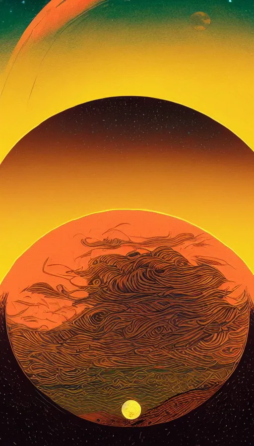 Image similar to copper full harvest moon floating on cosmic cloudscape at sunset, futurism, dan mumford, victo ngai, kilian eng, da vinci, josan gonzalez