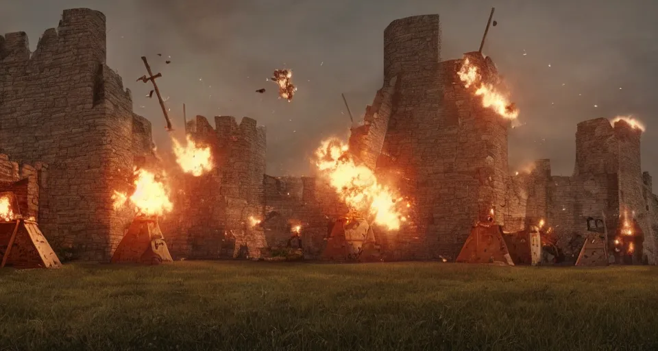 Image similar to five giant and powerful medieval trebuchets fireing on a medieval fortress, destroying the walls, fire and explosion, debris flying around, octane render, unreal engine