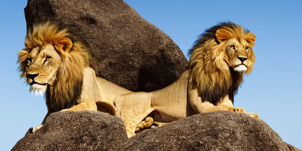 Prompt: hyperrealistic photo of a lion roaring on top of a rock over looking the jungle, 8 k