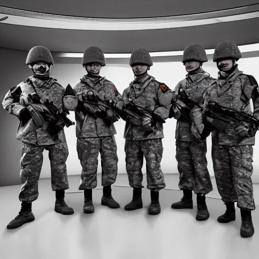 Image similar to a squad of futuristic soldiers posing for a group photo in a spaceship