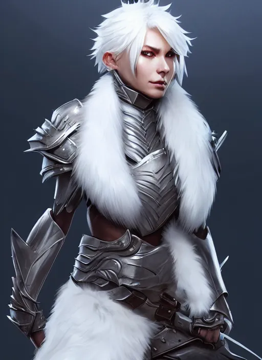 Image similar to fur - lined armor!!! beautiful and elegant white haired female!! gorgeous ayes!! character concept art, sharp focus, octane render! unreal engine 5! highly rendered!! trending on artstation!! detailed linework!! illustration by bussiere rutkowski andreas rocha