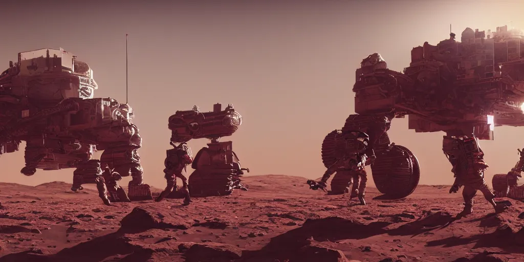 Image similar to astronauts landed on mars, wide angle, science fiction, beautiful, cinematic lighting, intricate details, octane rendering, trending on artstation, featured on behance.