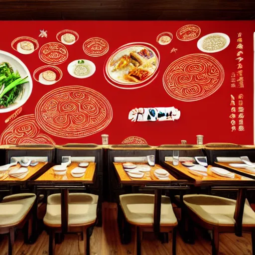 Image similar to a beautiful hyperdetailed interior 4 k hd wallpaper illustration of roasted string hotpot restaurant restaurant yan'an, corner, simple style, wall painting, from china, with merchant logo, simple structure, surrealistic, chinese style, victo ngai