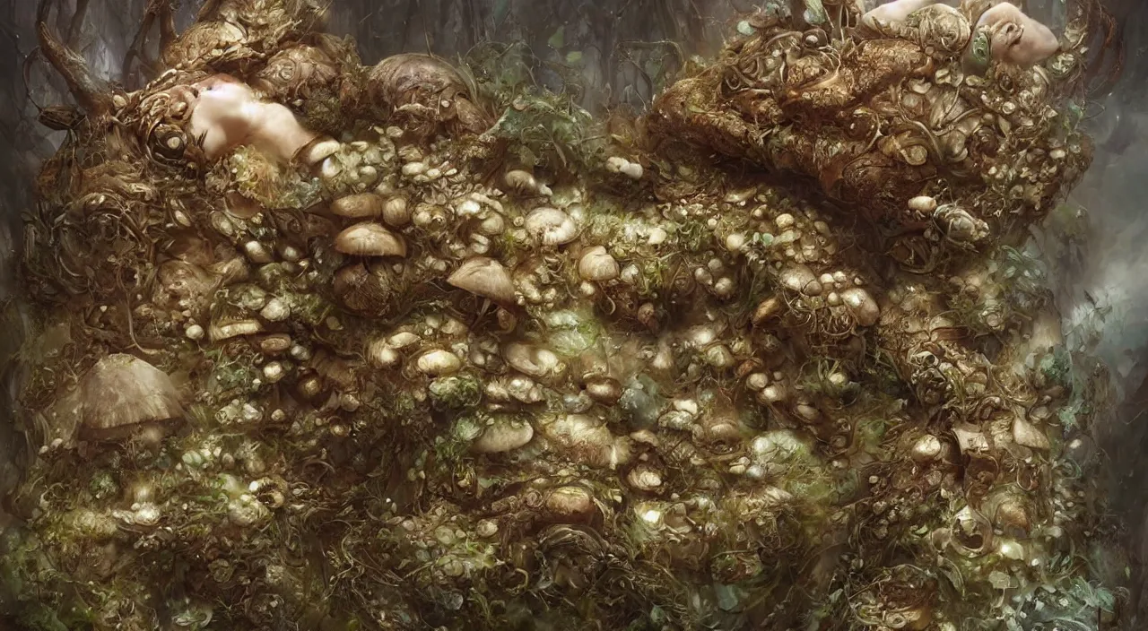 Prompt: a bio - mechanical pretty sleeping giant woman with mushrooms as camouflage, by ellen jewett, tomasz alen kopera and justin gerard : 3