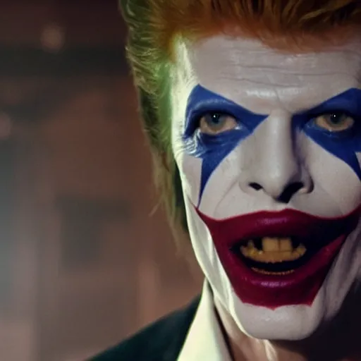 Image similar to awe inspiring David Bowie pkaying The Joker 8k hdr movie still dynamic lighting