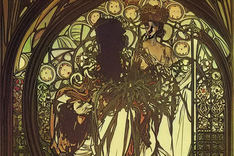 Prompt: gothic castle interior design by alphonse mucha