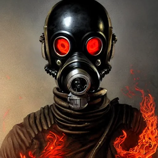 Prompt: commission of a man wearing a black helmet and a black gas mask,red glowing eyes,digital art,crazy detail,hyperdetailed,hyperrealistic,photorealistic,art by greg rutkowski,trevor henderson,artstation,deviantart,eerie,western comic style,comic,sharp lineart,fire coming from the gas mask