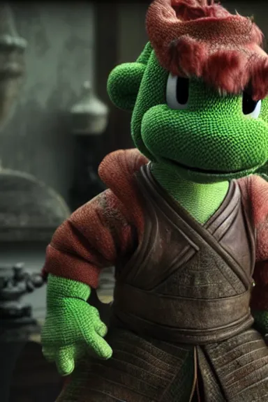 Image similar to very very intricate photorealistic photo of yoshi in an episode of game of thrones, photo is in focus with detailed atmospheric lighting, award - winning details