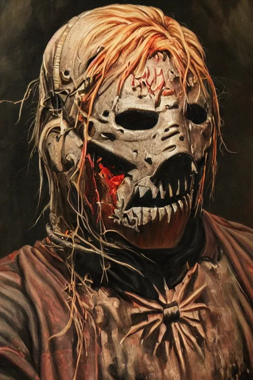 Prompt: a full body high detail fantasy portrait oil painting illustration of slipknot band by justin sweet with face and body clearly visible, in a scenic background, realistic proportions, d & d, rpg, forgotten realms, artstation trending, high quality, sombre mood, artstation trending, muted colours, entire person visible!