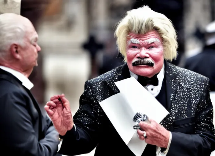 Image similar to photo still of rip taylor at the popes funeral!!!!!!!! at age 5 4 years old 5 4 years of age!!!!!!! throwing confetti from a bucket at the grave, 8 k, 8 5 mm f 1. 8, studio lighting, rim light, right side key light