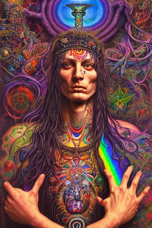 Prompt: psychedelic shaman, rainbow, wearing celtic tattoos, inside an epic, ancient temple, ayami kojima, greg hildebrandt, mark ryden, hauntingly surreal, eerie vibrating color palette of charlie immer, highly detailed painting by, jenny saville, soft light 4 k