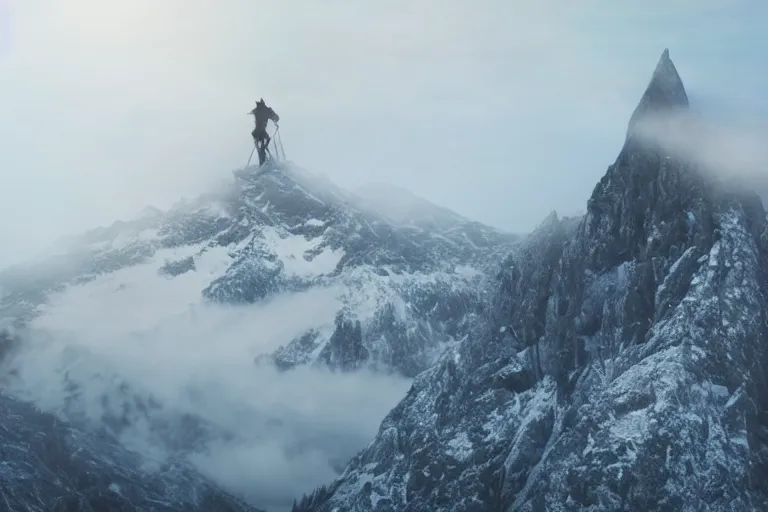 Image similar to taking from above, snowcapped mountain with lots of fog and there was a giant on the top of the mountain. high detail, photorealistic, good lighting, unbelievable.
