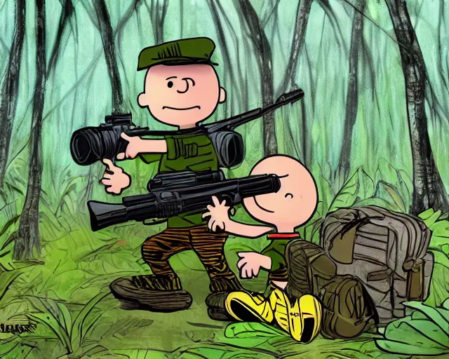 Image similar to Charlie Brown in the jungles of Vietnam holding a M16 rifle, ultra realistic digital painting,