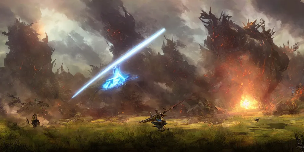 Prompt: guild wars 2, cinematic battlefield, god rays, digital art, high detail by Studio ghibli