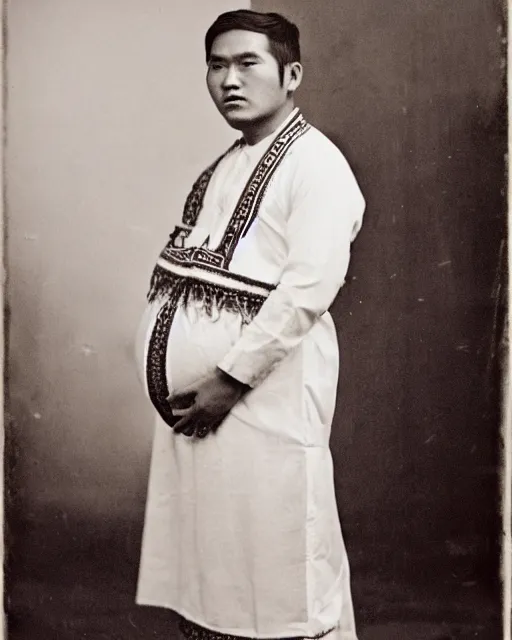 Image similar to 1800's photograph of a heavily pregnant young handsome!! Filipino man wearing a Barong Tagalog, high quality image