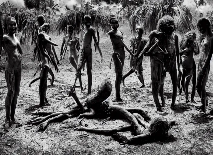 Image similar to sensual scene from art house film by alejandro jodorowsky, roger ballen, surreal scene of an occult ritual in a picturesque outdoors setting, ashes, new guinea mud man, costumes, snakes, smoke, burned dolls, close - up of the actors'faces, sharp, leica 3 5 mm, 1 6 k