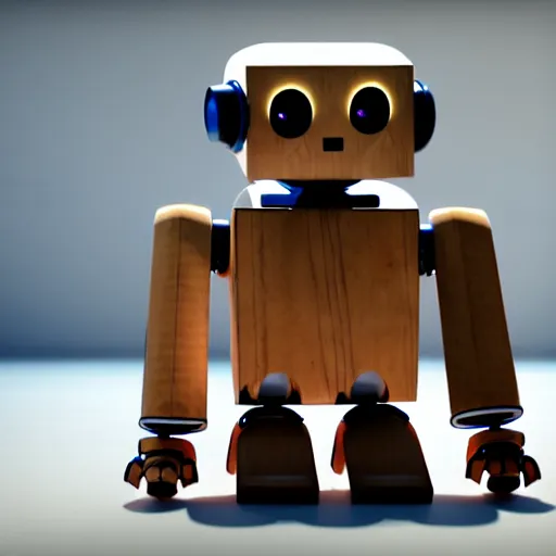 Prompt: a cute little robot consists of wood. super realistic 8 k render of a elegant, cinematic composition