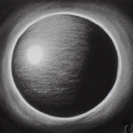 Prompt: a realistic charcoal drawing of a black orb floating over the ocean in the style of Marco Tirelli