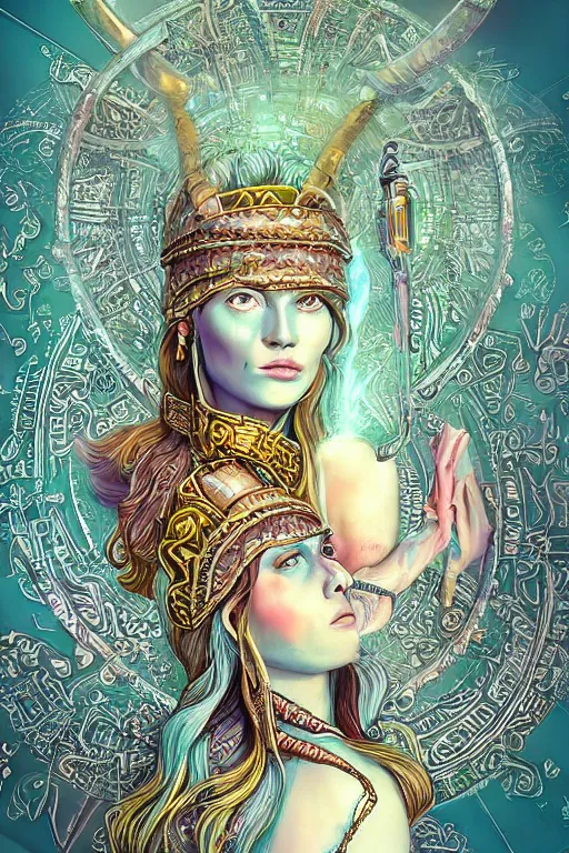 Image similar to opalescent retrofuturistic digital airbrush illustration of a viking wearing an ornate gpu headpiece and holding a flower with a map of the collective subconscious in the background by luigi patrignani