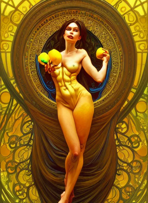 Image similar to oil painting of a lemon demon, intricate, elegant, highly detailed, lighting, painting, artstation, smooth, illustration, art by greg rutowski and alphonse mucha