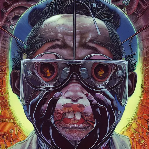 Image similar to portrait of crazy scientist, symmetrical, by yoichi hatakenaka, masamune shirow, josan gonzales and dan mumford, ayami kojima, takato yamamoto, barclay shaw, karol bak, yukito kishiro